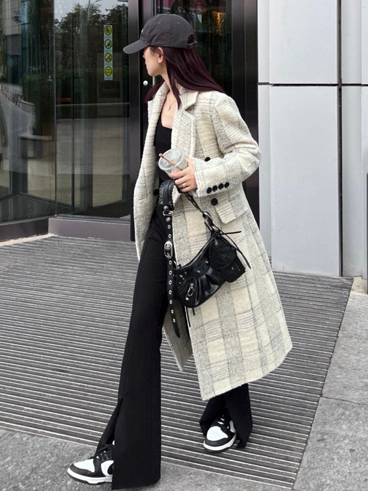 Loose Fit White Plaid Elegant Long Woolen Coat Parkas New Long Sleeve Women Fashion Trend Autumn Winter - Emete Store