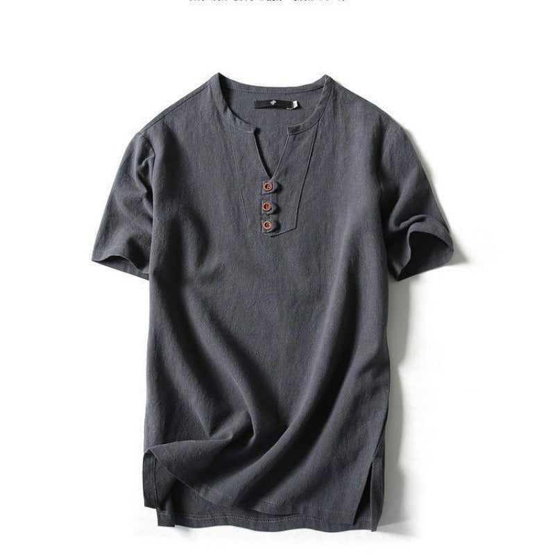 Linen T-shirt for men's thin and fat loose cotton linen T-shirt with short sleeves for breathability and sweat absorption