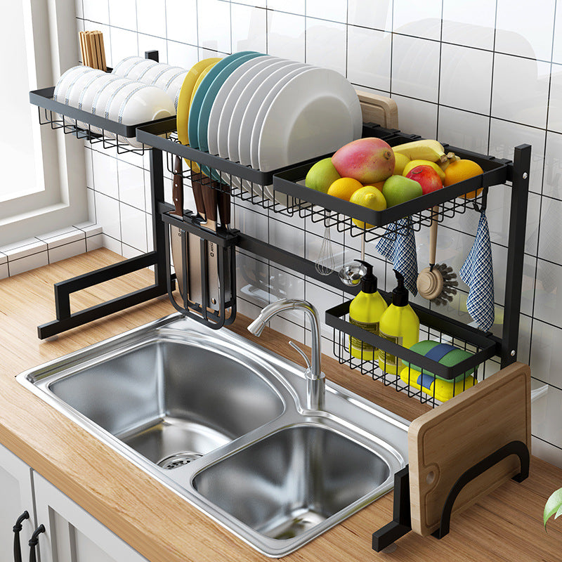 Black 65/85cm Stainless Steel Kitchen Dish Rack U Shape Sink Drain Rack Two layers Kitchen Storage Holder - Emete Store