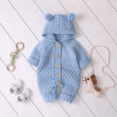 Children's three-dimensional fur ball hooded solid color knitted jumpsuit - Emete Store