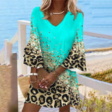 Summer New European and American Leopard Print V-Neck Loose Beach Holiday Style Contrast Color Dress for Women