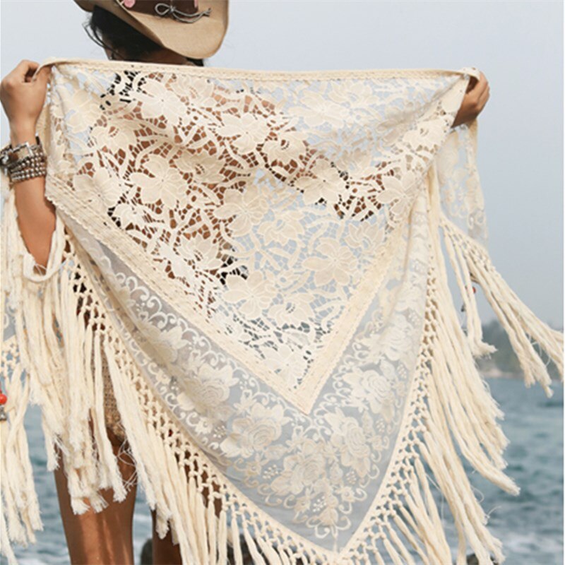 Light Fringed Shawl With Tassels Summer Sun Protection Beach Vacation Hollowed Out Lace Sun Protection Shirt For Women Medium Length - Emete Store