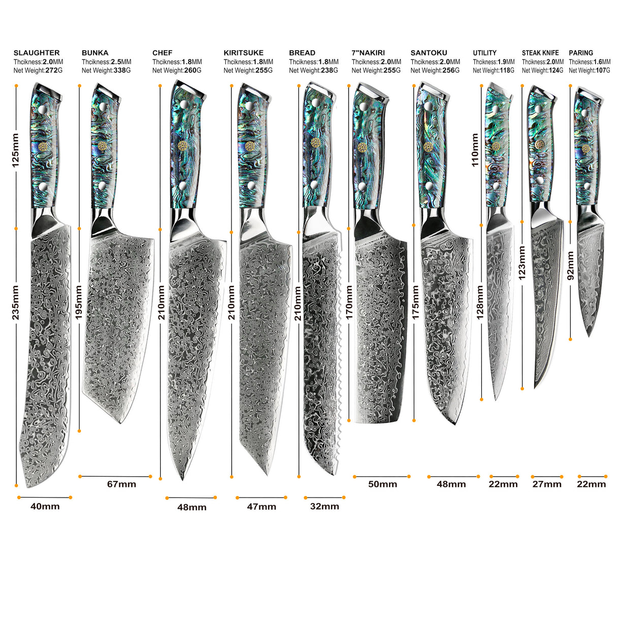 Professional Damascus VG 10 Steel Core 67 layers stainless steel Abalone handle kitchen knives set