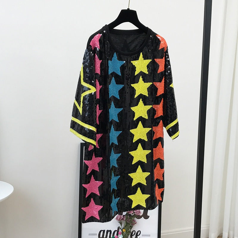 Round neck pullover medium length loose T-shirt with star pattern sequin trendy top for women - Emete Store