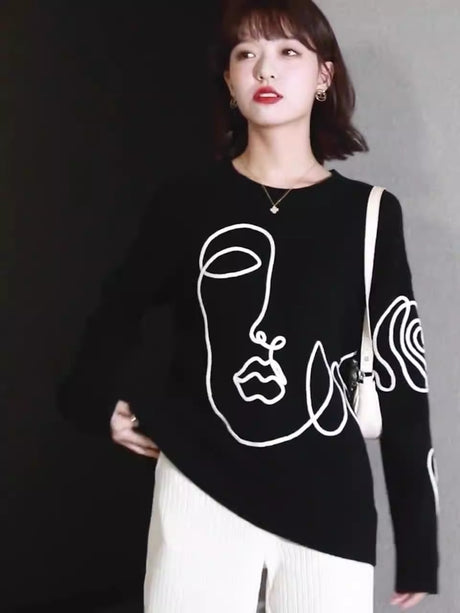 Lazy knit shirt with abstract round neck pullover and slimming sweater - Emete Store