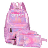 Holographic Laser Backpack Embroidered Crybaby Letters Hologram Backpack set School Bag +shoulder bags +penbags 3pcs/set