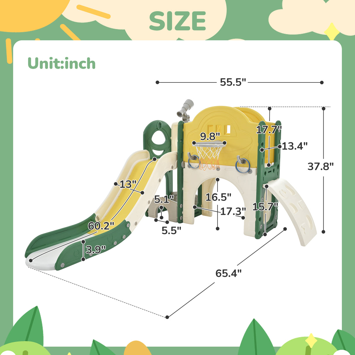 Kids Slide Playset Structure 7 in 1, Freestanding Spaceship Set with Slide, Arch Tunnel Yellow + HDPE