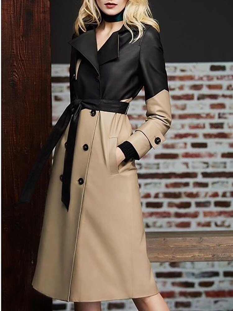 Women's Trench Coat Spliced Pu Leather Lapel Double Braested Lace Up Waist Long Sleeve Windbreaker - Emete Store