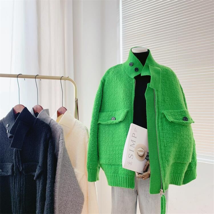 Retro Lazy Style Thickened Sweater Women's Coat New Loose Zipper Knitted Cardigan - Emete Store