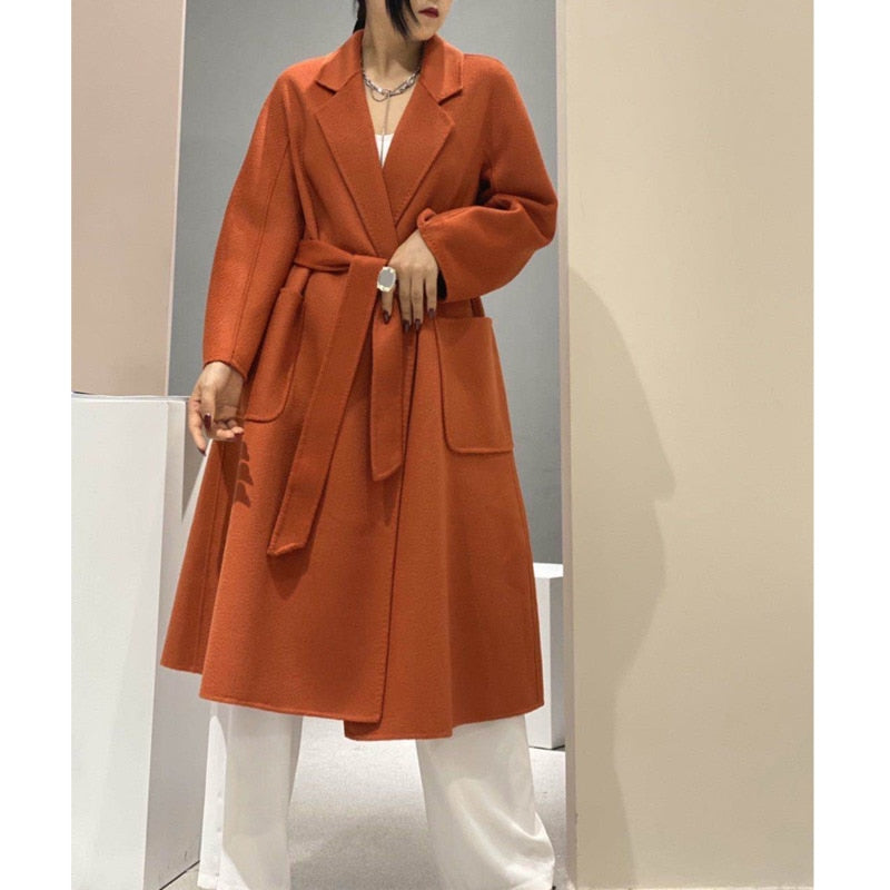 Popular High End Water Ripple Double-Sided Wool Coat Women Long Bathrobe Style Autumn Winter Coat For Female