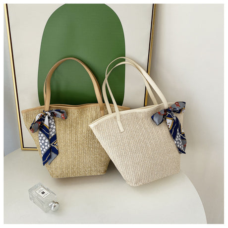 Summer Hand Held Large Capacity Straw Bag Retro Silk Scarf Woven Bag Beach Tote Bag One-Shoulder Wild Vegetable Basket Bag - Emete store
