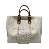 Canvas with genuine leather carrying chain pearl beach bag single shoulder tote women's bag