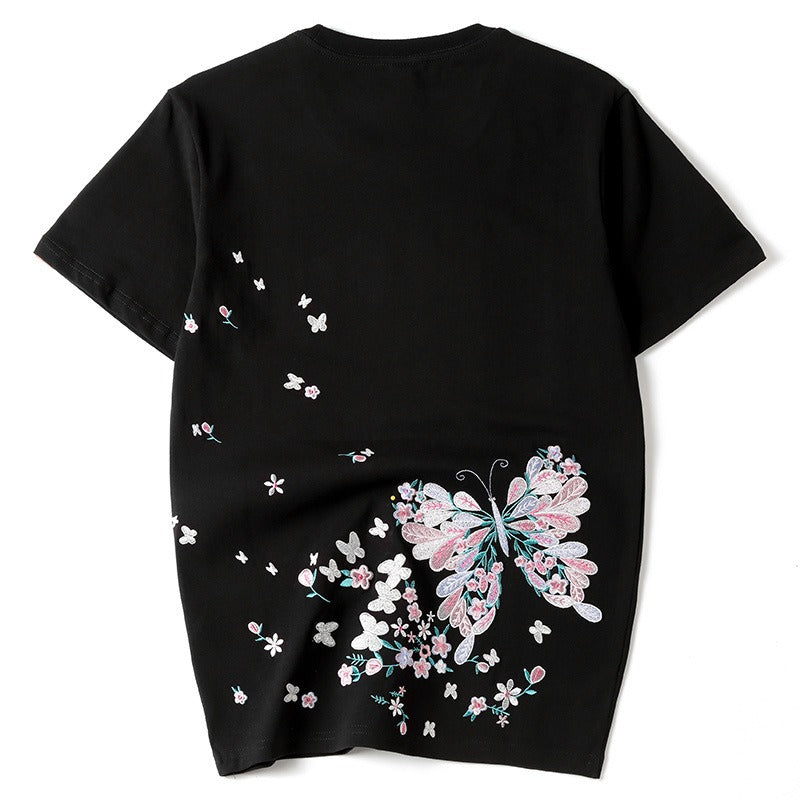 Summer butterfly embroidery couple T shirt Chinese style original loose large size cotton fashion short sleeved t shirt men