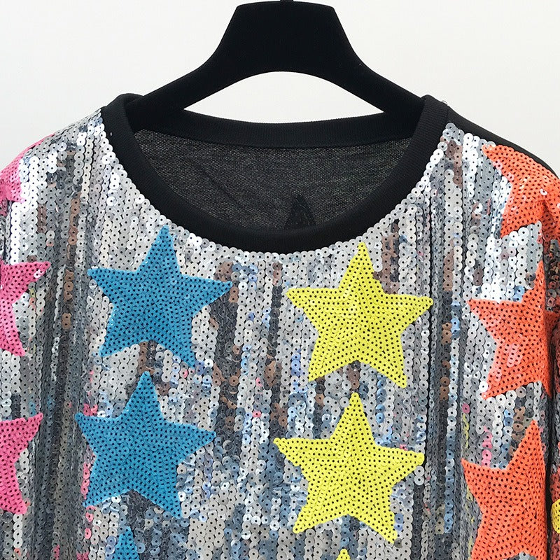 Round neck pullover medium length loose T-shirt with star pattern sequin trendy top for women