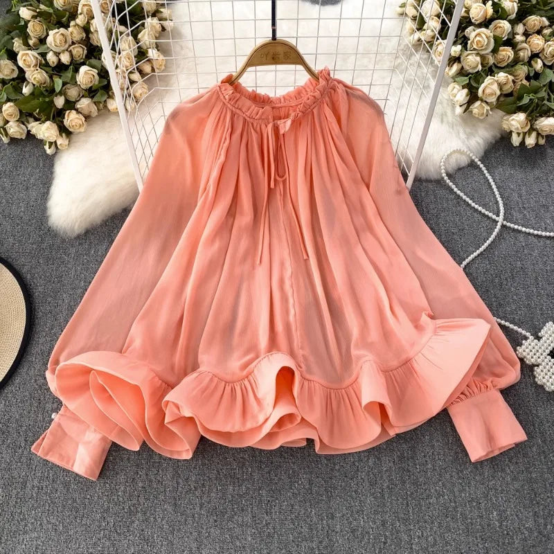 O-neck Ruffles Chiffon Shirt