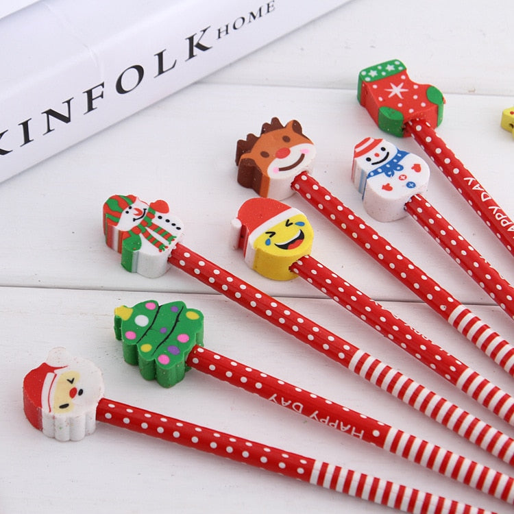 Christmas Stationery 5pcs/lot Santa Claus Snowman Tree Pencil with Eraser Cap for School Office Supplies