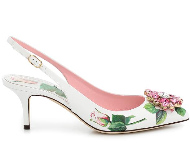 Crystal Flower High Heel Pumps in White Leather - Emete Store