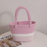 Pink Twist Portable Cotton Thread Woven Bag New Small Fresh Hand Carry Ladies Bag Holiday Beach Bag Picnic Basket