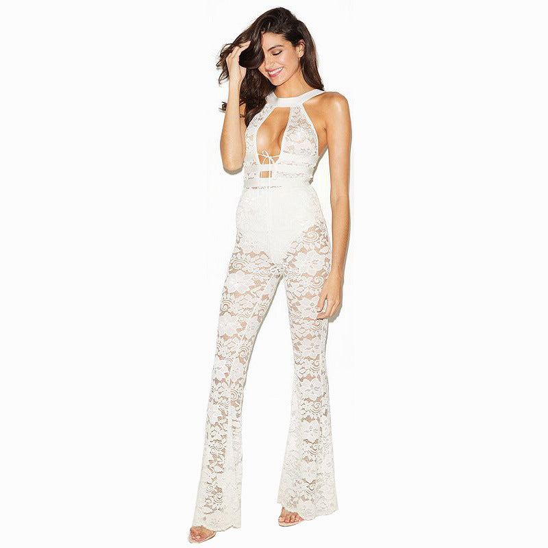 Hollow Lace Jumpsuit Sleeveless Lace Flared Trousers - Emete Store