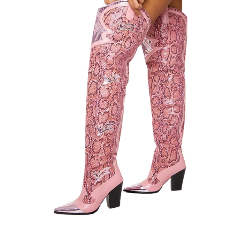 Handmade Pink Snake Skin Over-the-Knee Boots - Emete Store