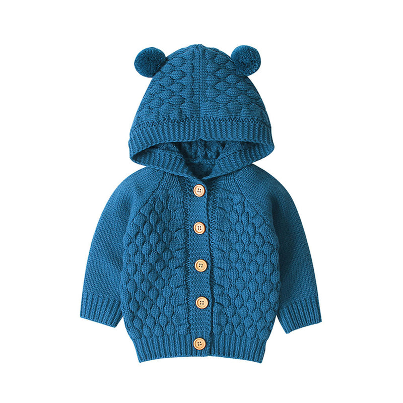 Children's solid color sweater three-dimensional wool ball hooded knitted jacket - Emete Store