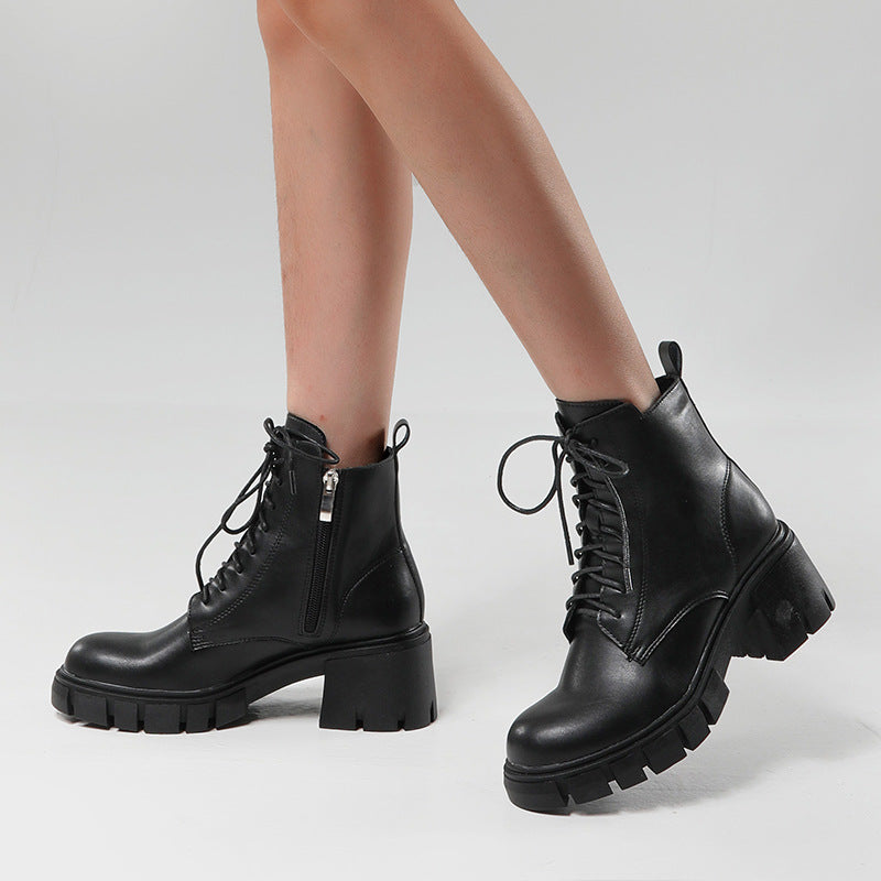 Round-Toed Martin Boots with Thick High Heels eprolo