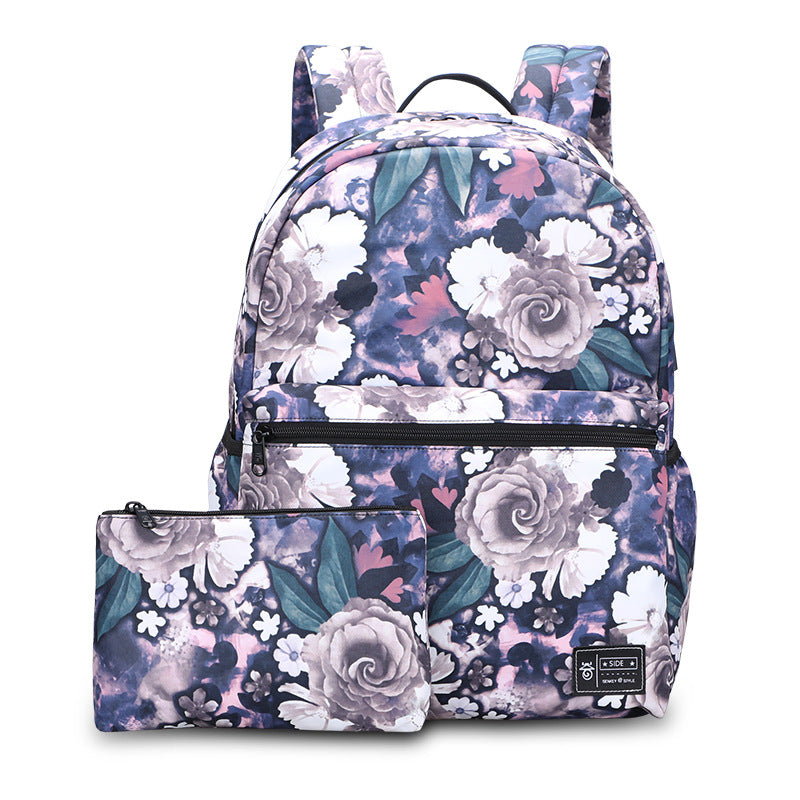 School bag two piece backpack peony print large capacity floral school bag USB backpack