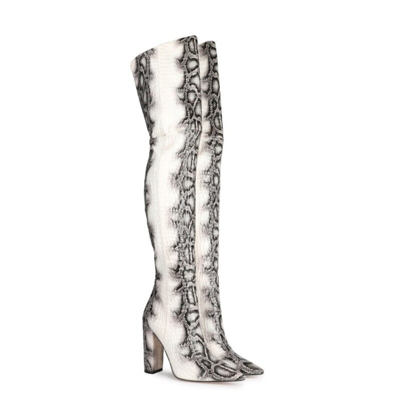 White Snake Print Over-the-Knee Boots - Emete Store