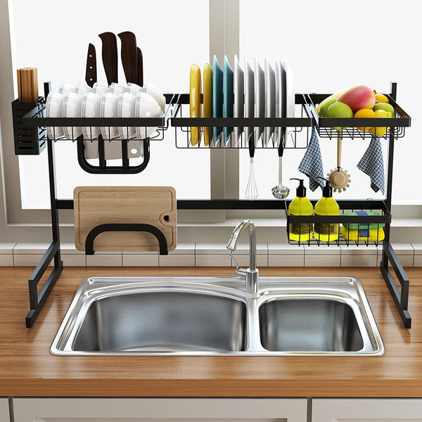 Black 65/85cm Stainless Steel Kitchen Dish Rack U Shape Sink Drain Rack Two layers Kitchen Storage Holder - Emete Store