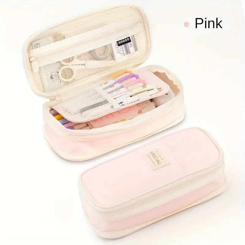 Large capacity canvas pencil case color matching retractable pencil case for primary and secondary school students