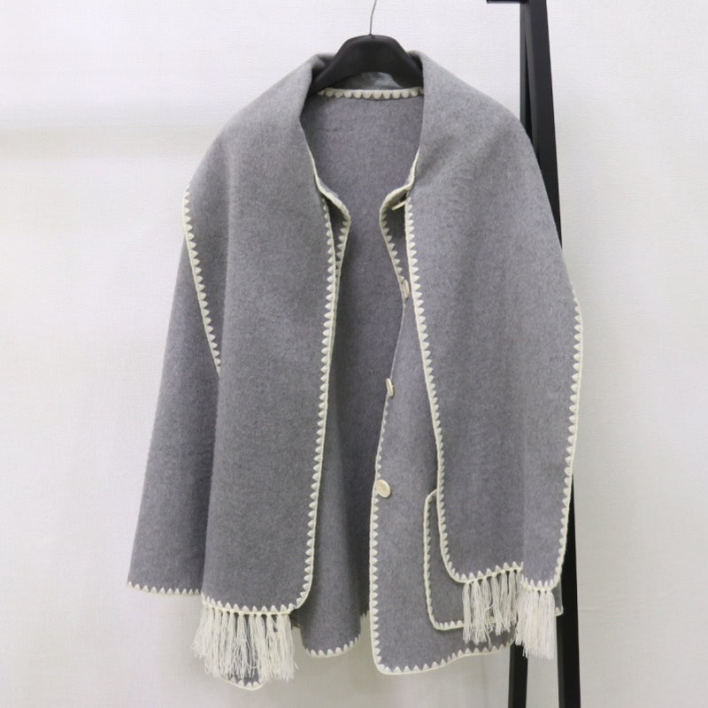 Embroidered Tassel Woven Scarf Knitted Loose Woolen Coat Women - Emete Store