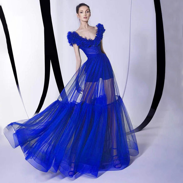 Trendy Appliques Design Blue Long party Dress