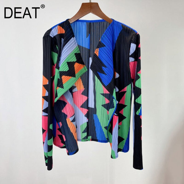 Women Pleated Jackets Hit Color Geometric Cardigan Loose Thin Long Sleeve Casual Style Coat  Autumn Fashion 15HT358