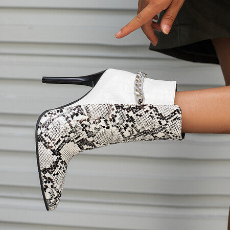 Chained Snake Print Stiletto Ankle Boots for Women eprolo