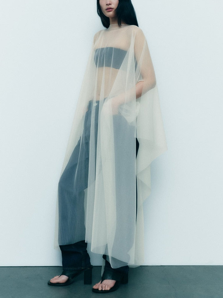 Boat Neck Semi Sheer Loose Long Cape Coat