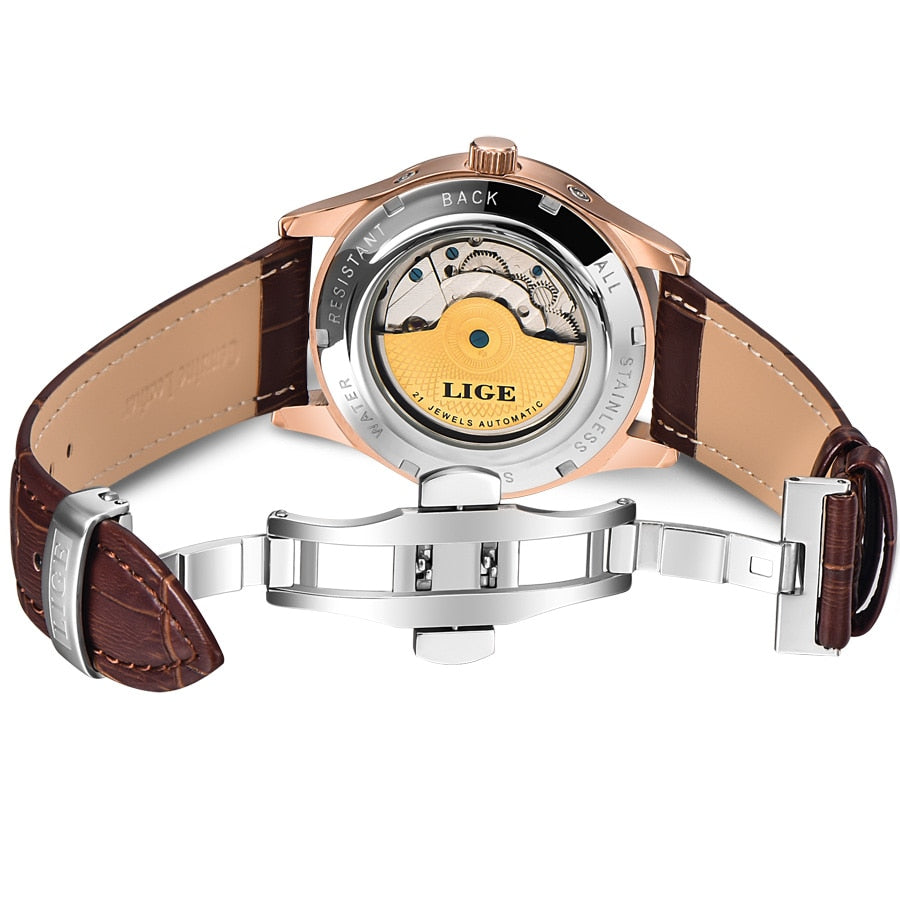 LIGE Brand Men Watches Automatic Mechanical Watch Tourbillon Sport Clock Leather Casual Business Retro Wristwatch Relojes Hombre - Emete store
