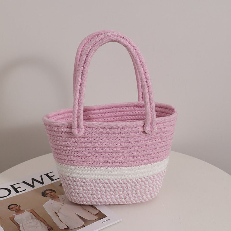 Pink Twist Portable Cotton Thread Woven Bag New Small Fresh Hand Carry Ladies Bag Holiday Beach Bag Picnic Basket