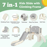 Kids Slide Playset Structure 7 in 1, Freestanding Spaceship Set with Slide, Arch Tunnel Grey+White + HDPE