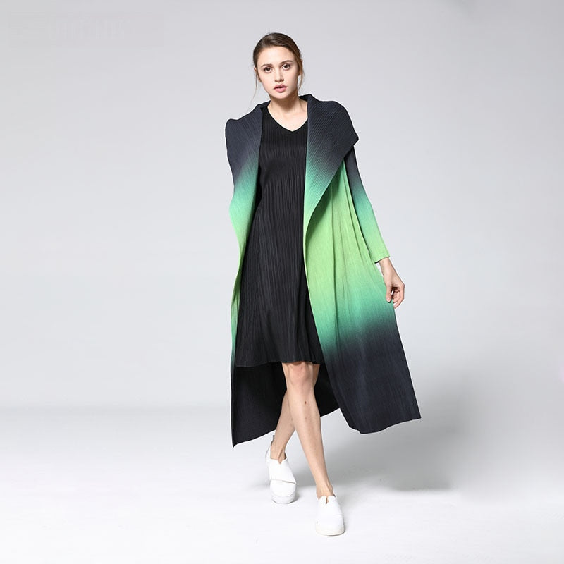 Pleated Leisure Long Sleeve Cardigan Large Lapel Gradient Color Slim Women's Trench Coat - Emete Store