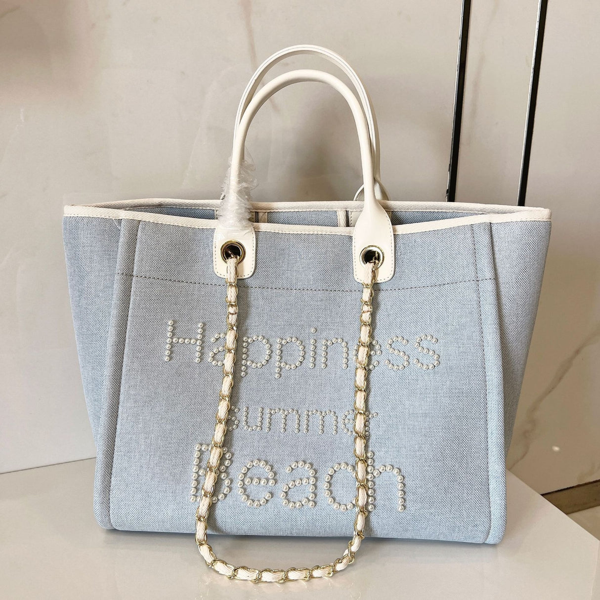 Canvas with genuine leather carrying chain pearl beach bag single shoulder tote women's bag