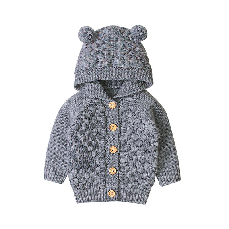 Children's solid color sweater three-dimensional wool ball hooded knitted jacket