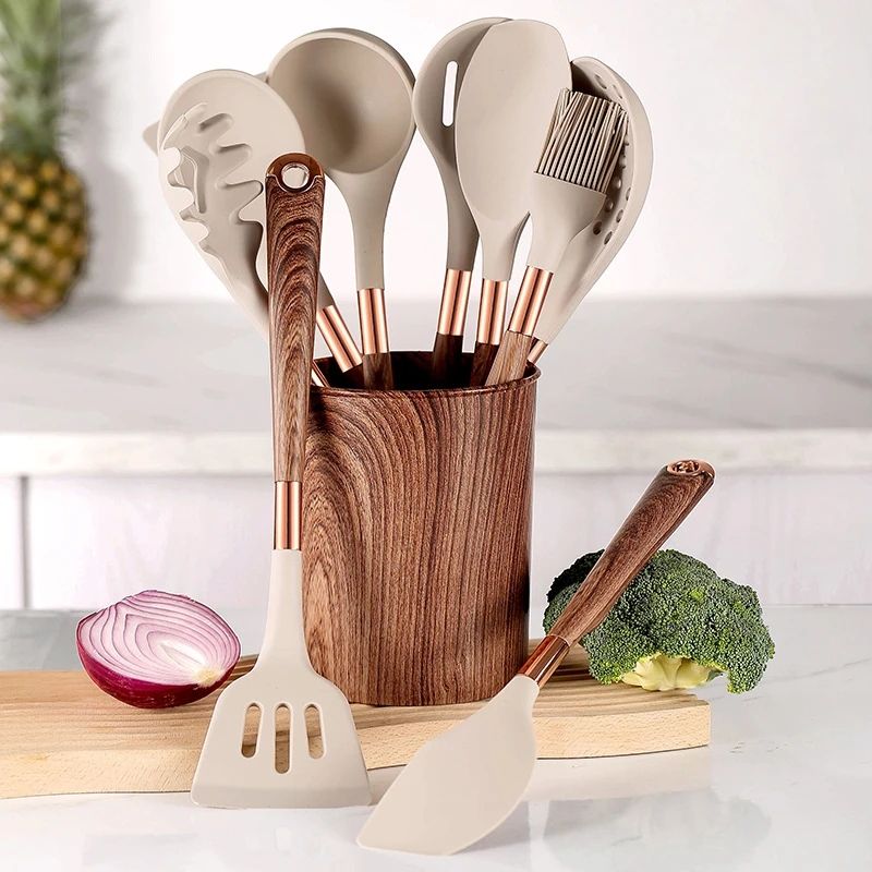 10 Pieces Kitchen Tools Set Wooden Handle Cooking Kitchen Utensil Set Silicone Utensils