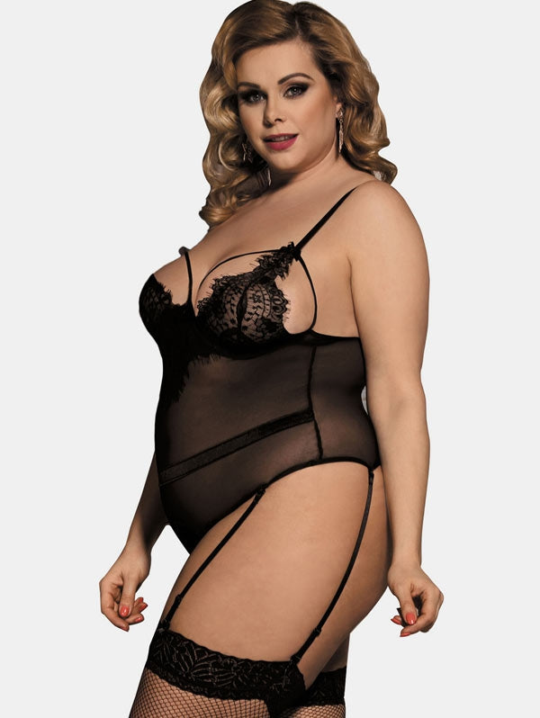 Plus Size Lace Insert Mesh Lingerie Teddy - Emete Store