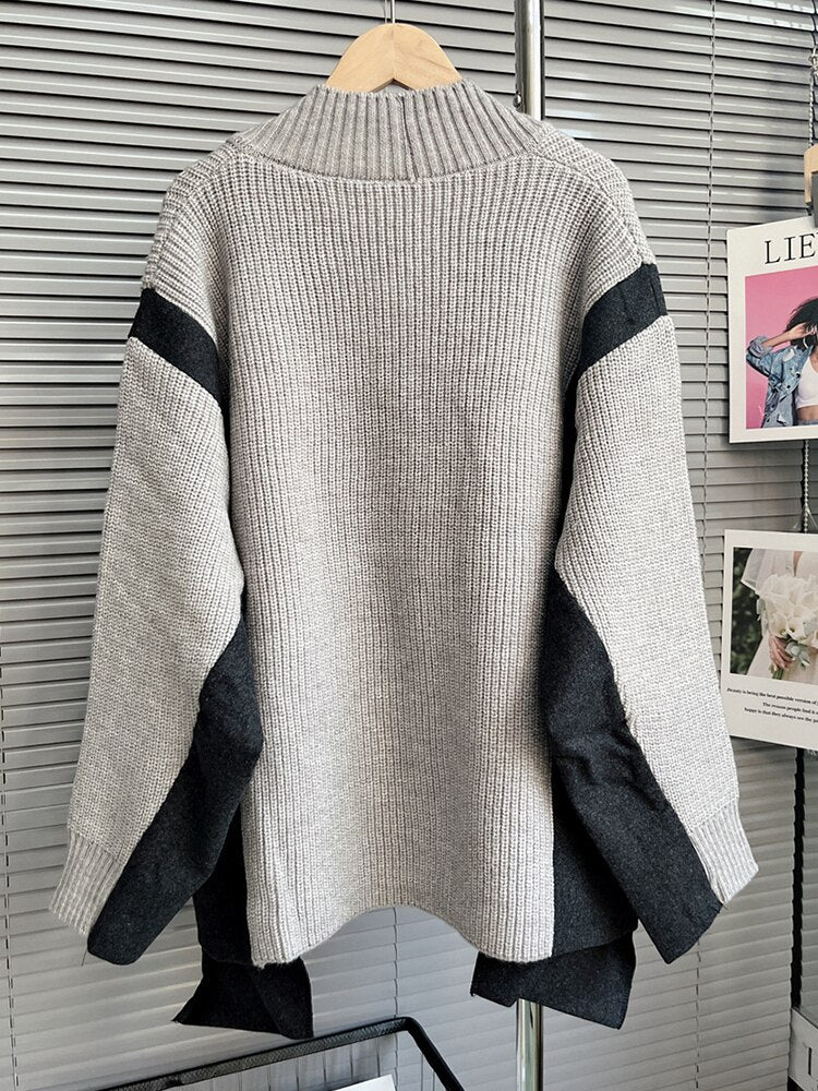 Patchwork Colorblock Knitting Open Stitch Female V Neck Long Sleeve Loose Sweaters For Woman Autumn Fashion Clothes - Emete Store