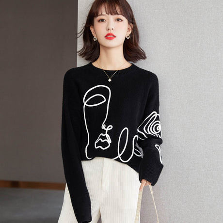 Lazy knit shirt with abstract round neck pullover and slimming sweater - Emete Store