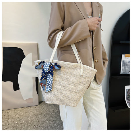 Summer Hand Held Large Capacity Straw Bag Retro Silk Scarf Woven Bag Beach Tote Bag One-Shoulder Wild Vegetable Basket Bag - Emete store