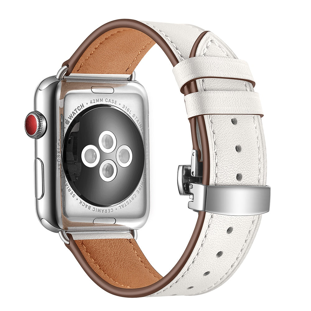 Stainless steel butterfly buckle leather strap for apple watch band 38mm 42mm iwatch series 4 3 2 1 wrist bracelet accessories - Emete store