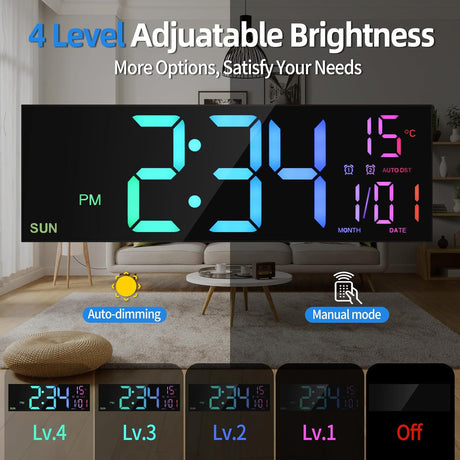 Large Digital Wall Clock with Remote Control Big LED/Dual Alarm/8 RGB Colors Digital Alarm Clock Electronic Watch - Emete store