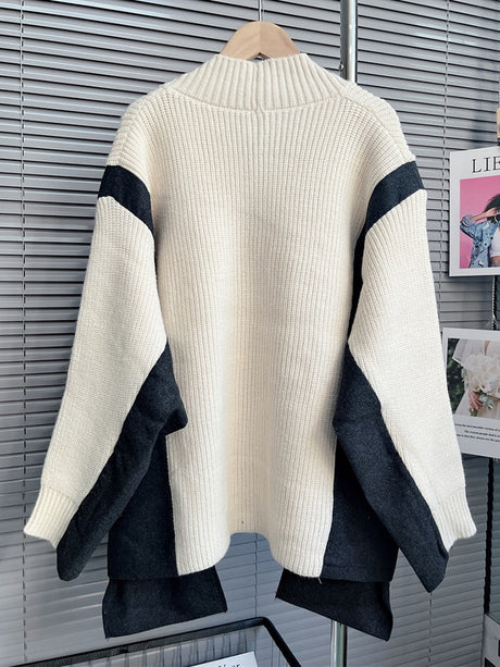 Patchwork Colorblock Knitting Open Stitch Female V Neck Long Sleeve Loose Sweaters For Woman Autumn Fashion Clothes - Emete Store