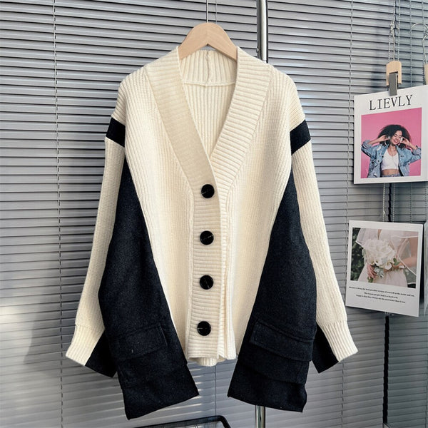 Patchwork Colorblock Knitting Open Stitch Female V Neck Long Sleeve Loose Sweaters For Woman Autumn Fashion Clothes - Emete Store